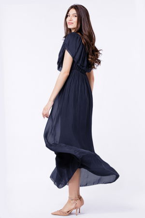 Rochie lunga, bleumarin, din matase si vascoza, cu volan pe umeri [1]