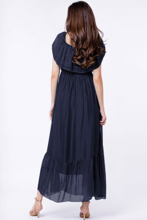 Rochie lunga, bleumarin, din matase si vascoza, cu volan pe umeri [2]