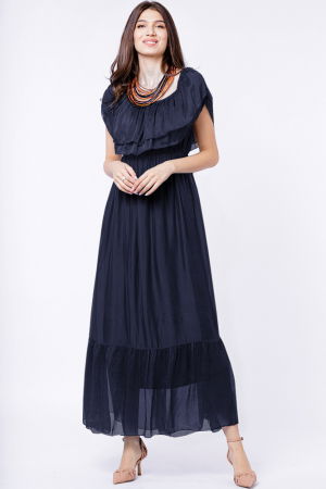 Rochii Elegante & Office - Rochie lunga, bleumarin, din matase si vascoza, cu volan pe umeri