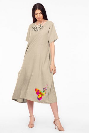 Rochie lunga bej din in mercerizat, marime oversize cu fluture stilizat [1]