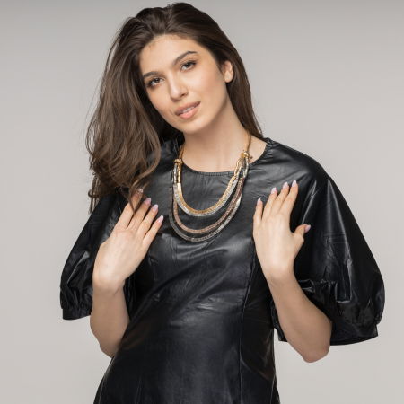 Rochie lunga cambrata din piele ecologica cu maneci bufante [4]