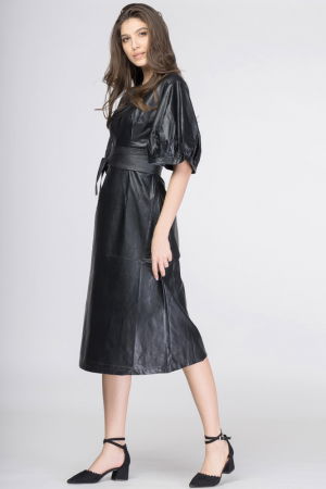 Rochie lunga cambrata din piele ecologica cu maneci bufante [2]