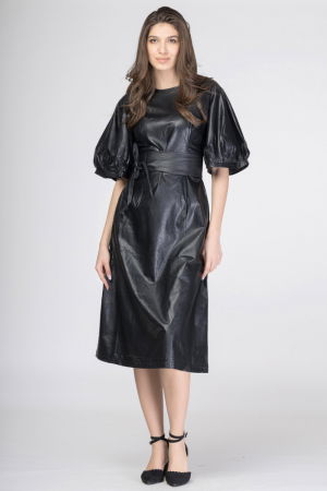 Rochie lunga cambrata din piele ecologica cu maneci bufante [1]