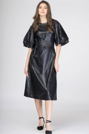 Rochii Casual - Rochie lunga cambrata din piele ecologica cu maneci bufante