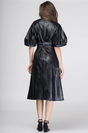 Rochie lunga cambrata din piele ecologica cu maneci bufante [3]