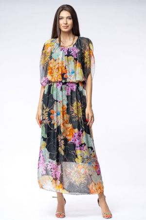 Rochii din Mătase si Vâscoză - Rochie lunga, cu imprimeu floral 3D  pe fond negru, din matase si vascoza