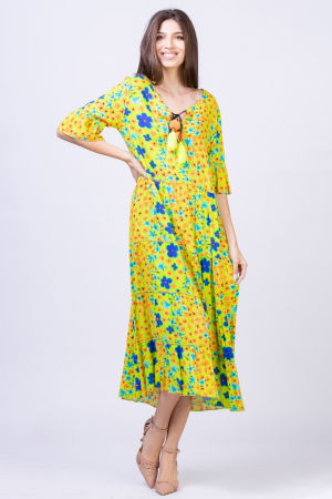 Rochie lunga lime cu imprimeu floral multicolor, din vascoza [1]