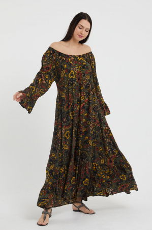 ÎMBRĂCĂMINTE - Rochie lunga Madonna cu imprimeu predominant kaki, cu 4 volane, din vascoza