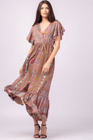 Rochie lunga cu volan si imprimeu floral, din matase indiana in nuante de roz Rochii de Vară - Rochie lunga cu volan si imprimeu floral, din matase indiana in nuante de roz