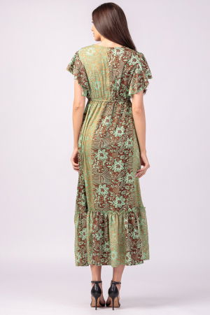 Rochie lunga cu volan si imprimeu floral, din matase indiana verde menta - maro [5]