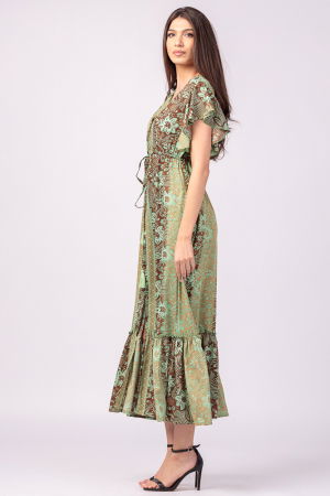 Rochie lunga cu volan si imprimeu floral, din matase indiana verde menta - maro [4]