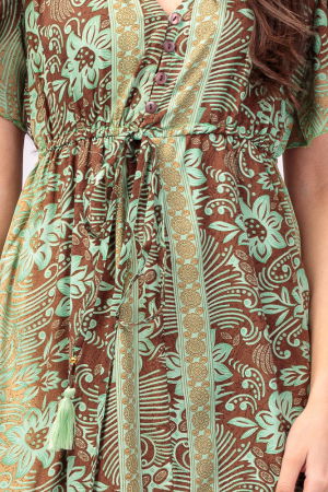 Rochie lunga cu volan si imprimeu floral, din matase indiana verde menta - maro [6]