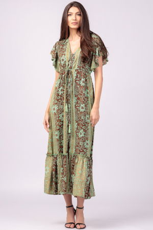 Rochie lunga cu volan si imprimeu floral, din matase indiana verde menta - maro Rochii de Vară - Rochie lunga cu volan si imprimeu floral, din matase indiana verde menta - maro