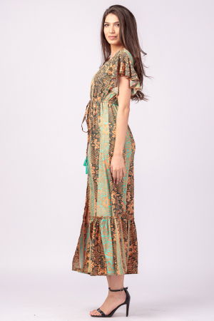 Rochie lunga cu volan si imprimeu floral, din matase indiana verde menta - portocaliu [2]