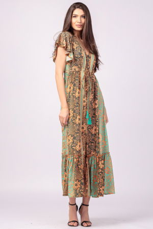 Rochie lunga cu volan si imprimeu floral, din matase indiana verde menta - portocaliu Rochii de Vară - Rochie lunga cu volan si imprimeu floral, din matase indiana verde menta - portocaliu
