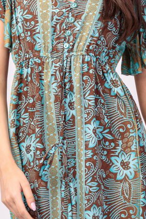 Rochie lunga cu volan si imprimeu floral, din matase indiana turcoaz- maro [4]