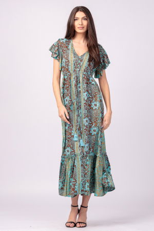 Rochie lunga cu volan si imprimeu floral, din matase indiana turcoaz- maro Rochii de Vară - Rochie lunga cu volan si imprimeu floral, din matase indiana turcoaz- maro