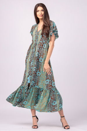 Rochie lunga cu volan si imprimeu floral, din matase indiana turcoaz- maro [1]