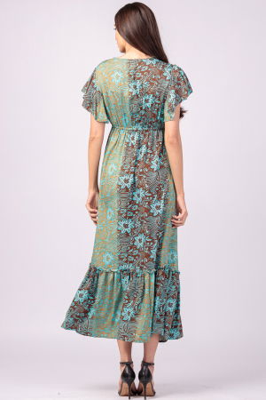 Rochie lunga cu volan si imprimeu floral, din matase indiana turcoaz- maro [3]