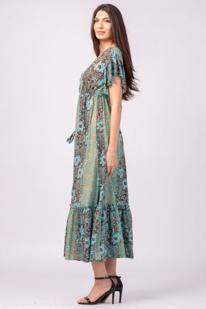 Rochie lunga cu volan si imprimeu floral, din matase indiana turcoaz- maro [2]