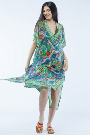 Rochie lunga de plaja tip poncho cu imprimeu mandale in nuante de verde [1]