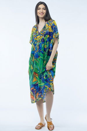 Rochii de Plajă tip Poncho - Rochie lunga de plaja tip poncho cu imprimeu dupa " Irisi''  - de Van Gogh