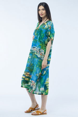 Rochie lunga de plaja tip poncho cu imprimeu dupa "Nuferii" de Claude Monet [2]