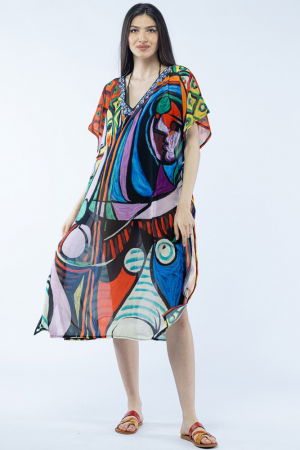 Îmbrăcăminte - Rochie lunga de plaja tip poncho cu imprimeu dupa " Girl Before a Mirror " a lui Picasso