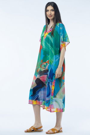 Rochie lunga de plaja tip poncho cu imprimeu pensulat multicolor [1]