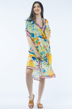 ÎMBRĂCĂMINTE - Rochie lunga de plaja tip poncho cu imprimeu acuarela multicolora