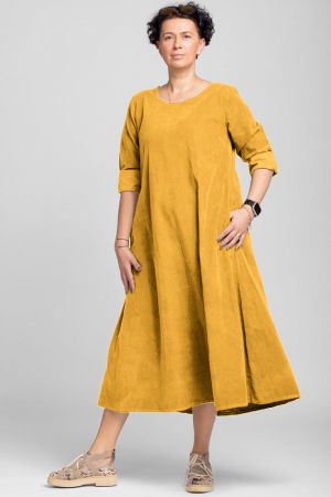 Rochii Casual - Rochie lunga din catifea reiata, A-line, galben