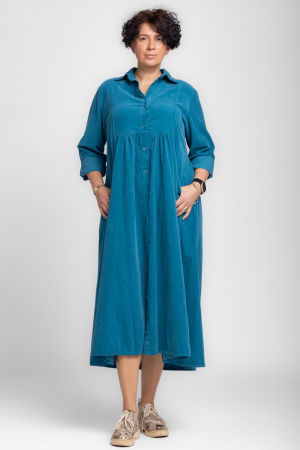 Rochii Tricotate & Sezon Rece - Rochie camasa din catifea reiata, taiata in talie, turcoaz