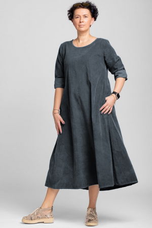 Rochii Casual - Rochie lunga din catifea reiata, A-line, gri