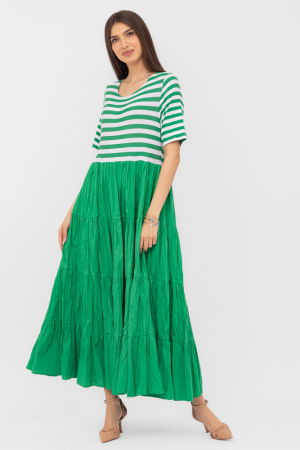 Rochii masuri mari - Rochie lunga din doua materiale ,cu dungi albe si volane, verde