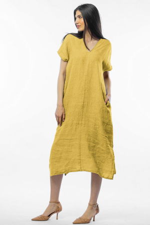 Rochii din In - Rochie lunga din in cu funda pe spate, galbena