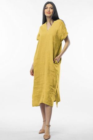 Rochie lunga din in cu funda pe spate, galbena [1]