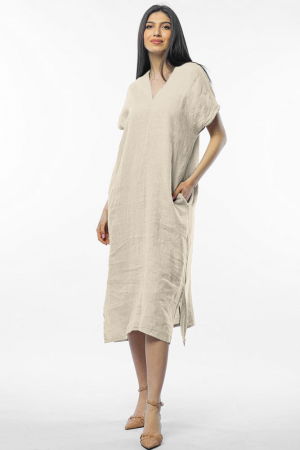 Rochie lunga din in cu funda pe spate, bej [1]