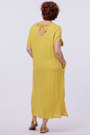 Rochie lunga din in cu imprimeu pictural floral si funda pe spate, pe fond galben [2]