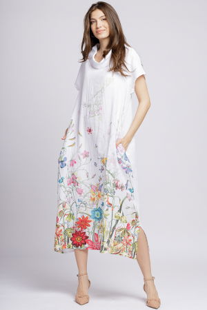 Rochie lunga din in cu guler intors si imprimeu pictural floral pe fond alb Rochii din In - Rochie lunga din in cu guler intors si imprimeu pictural floral pe fond alb