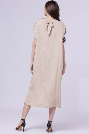 Rochie lunga din in cu imprimeu pictural floral si funda pe spate, pe fond bej [2]