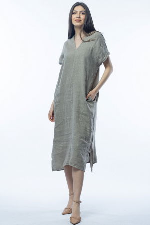 Rochie lunga din in cu funda pe spate,bej inchis [2]