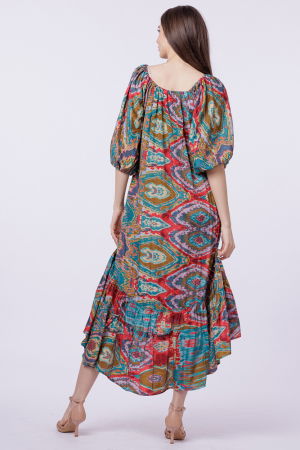 Rochie asimetrica din matase indiana, cu maneci bufante si elemente aurii [2]