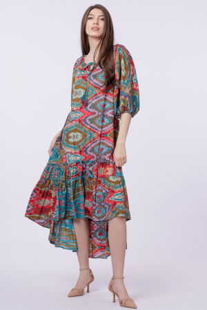 Rochii din Mătase si Vâscoză - Rochie asimetrica din matase indiana, cu maneci bufante si elemente aurii