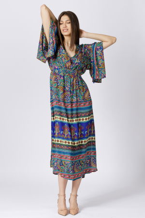 Rochie lunga din matase indiana cu maneca ampla si imprimeu arabesque albastru-verde [2]