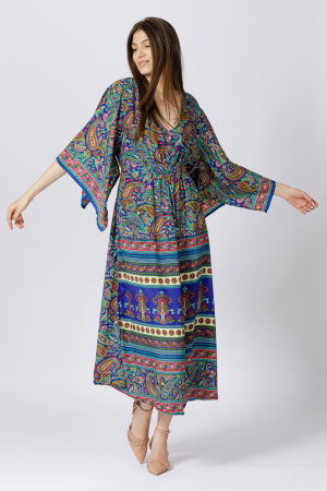 Rochie lunga din matase indiana cu maneca ampla si imprimeu arabesque albastru-verde [1]