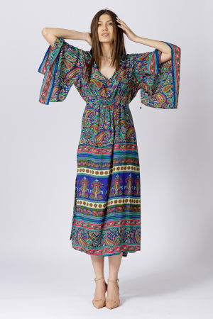 Rochii din Mătase si Vâscoză - Rochie lunga din matase indiana cu maneca ampla si imprimeu arabesque albastru-verde