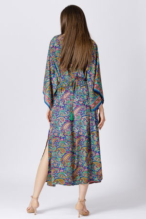 Rochie lunga din matase indiana cu maneca ampla si imprimeu arabesque albastru-verde [4]