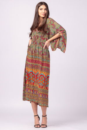 Rochie lunga din matase indiana cu maneca ampla si imprimeu arabesque rosu-verde [4]