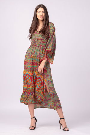 Rochii din Mătase si Vâscoză - Rochie lunga din matase indiana cu maneca ampla si imprimeu arabesque rosu-verde