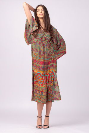 Rochie lunga din matase indiana cu maneca ampla si imprimeu arabesque rosu-verde [1]